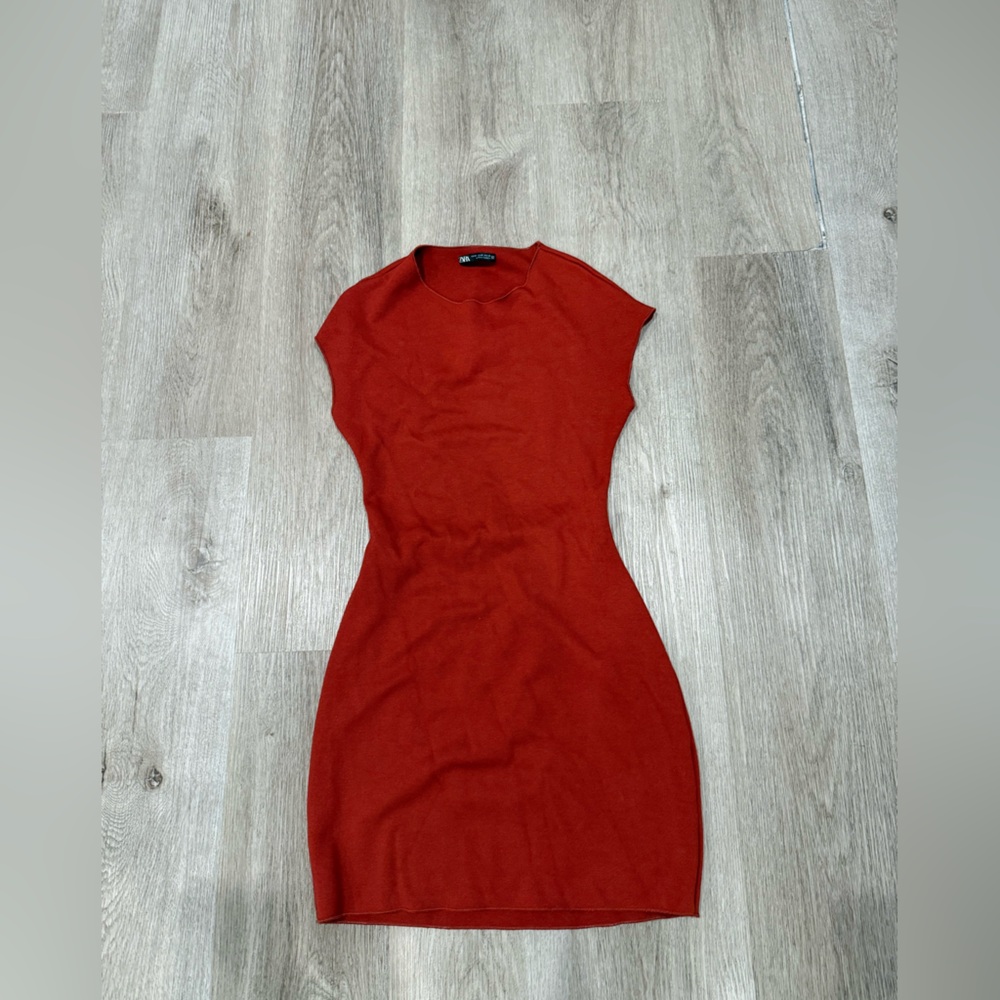 Zara Burnt Orange Stretch Knit Open Back Mini Dress Size M - Picture 3 of 6